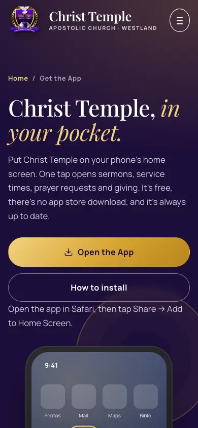 Christ Temple Apostolic Church app on a phone