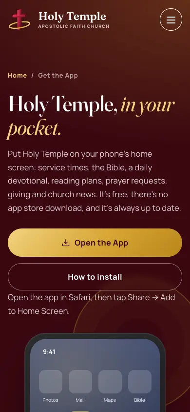 Holy Temple Apostolic Faith Church app on a phone
